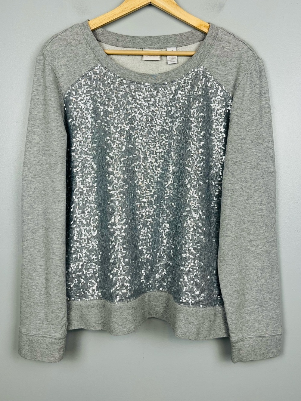 Chico’s Collection gray & silver sequin crewneck sweatshirt, large.